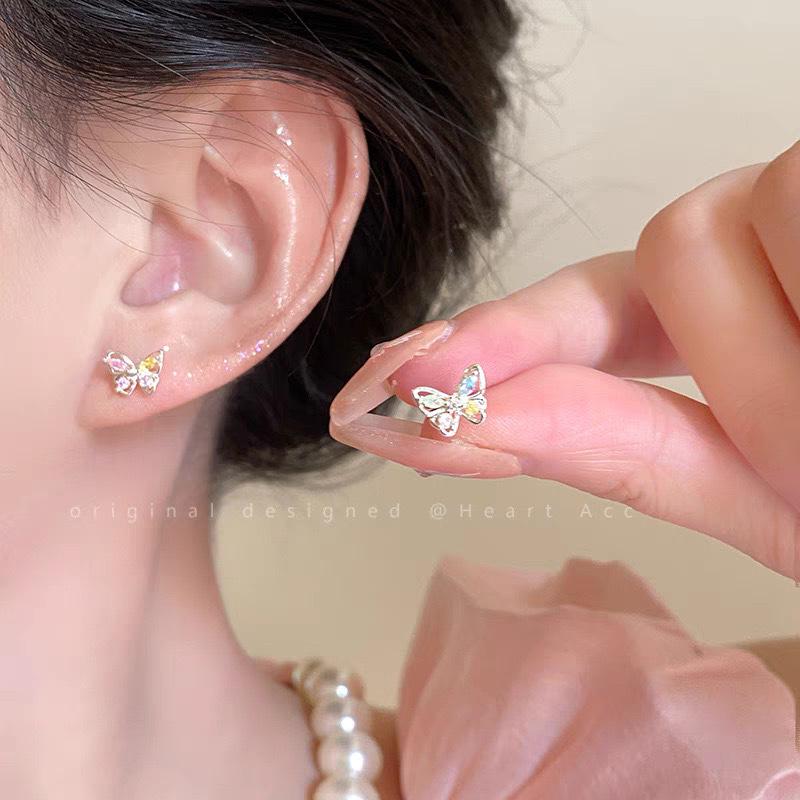 Elegant Iridescent Cubic Zirconia Butterfly Stud Earrings - Chic and Sweet Design