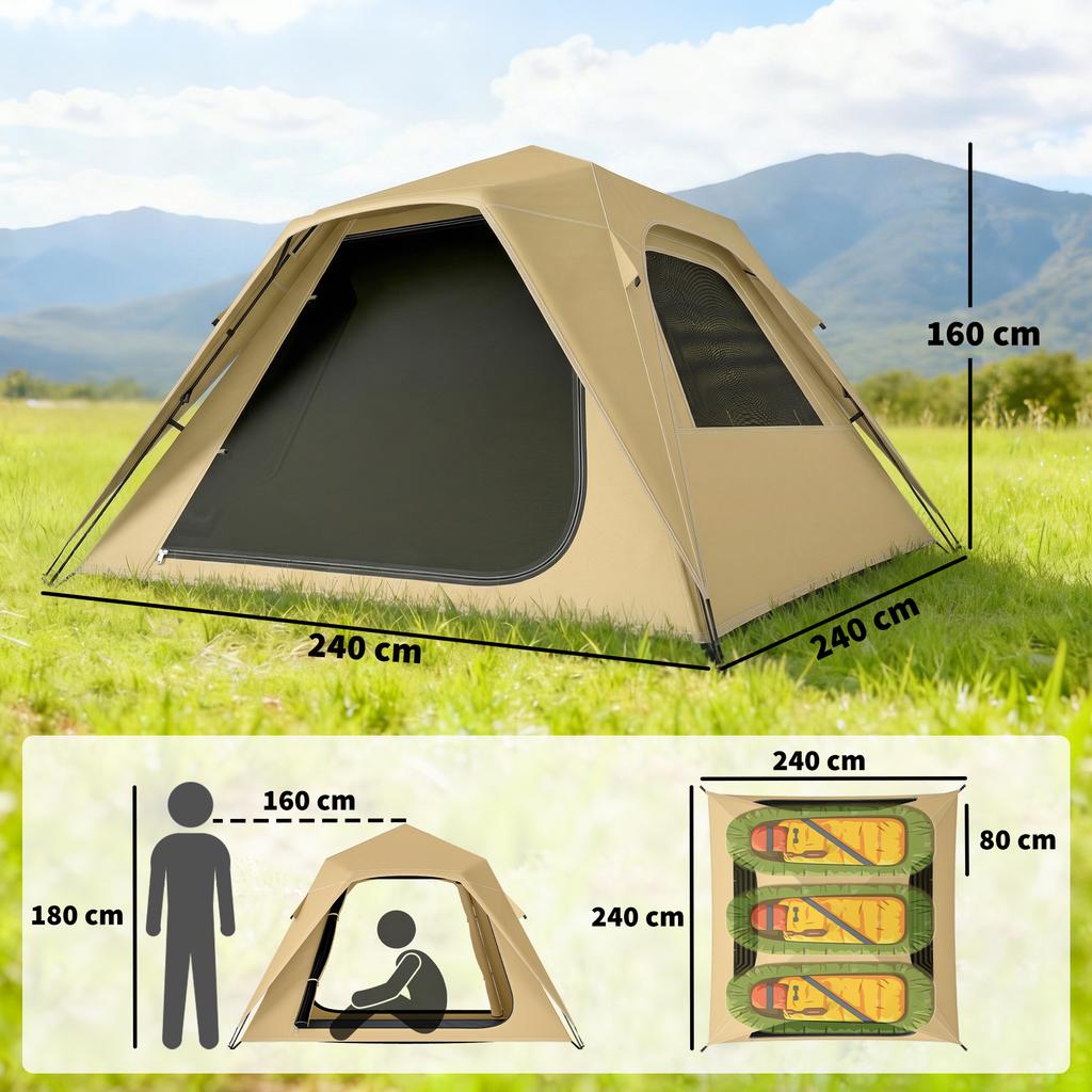 Pop Up Tent 3000mm Waterproof Camping Tents with Mesh Windows 2-3 People Khaki