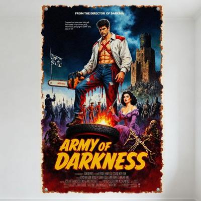 Vintage Army of Darkness Metallblechschild - Horrorfilm-Poster mit Kettensägenmann, Burg, Skeletten, Soldaten - Abgenutzt Gealtert R