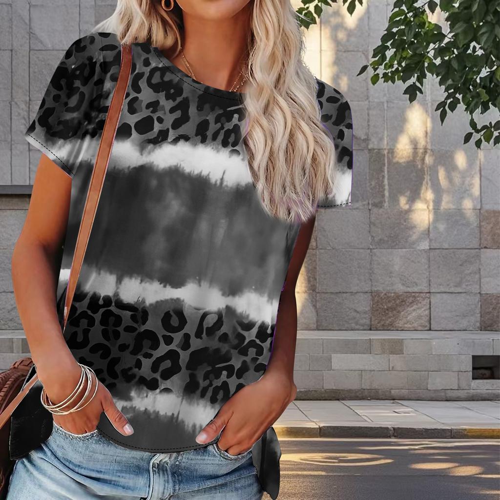 Dam Sommar T-shirt Leopardtryck Tryck Retro Mode Kortärmade T-shirts Casual Tryckta Toppar