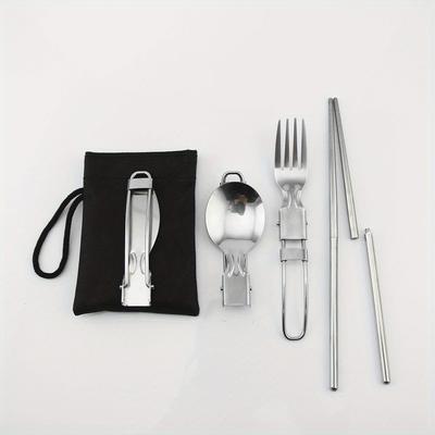 3pcs/set Multifunctional Outdoor Tableware Stainless Steel Foldable Fork Spoon Knife Picnic Camping Hiking Travelling Dinnerware