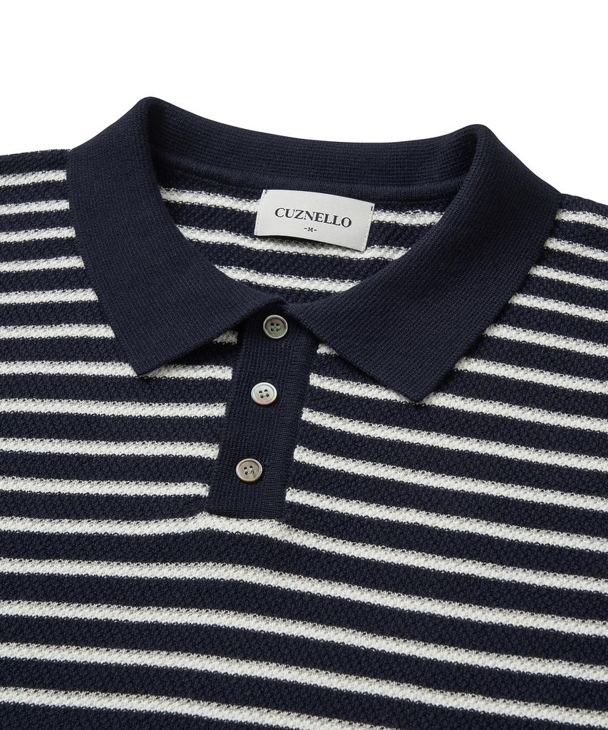 CUZNELLO Multi-Stripe Polo Short Sleeve Knit_Navy
