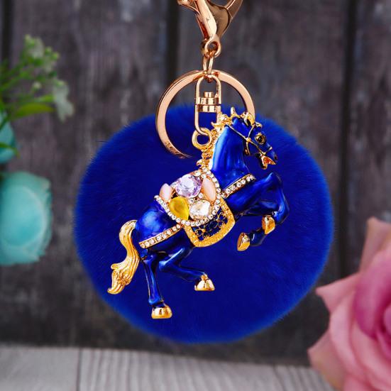 Keychain Sparkling Rhinestones Horse Charm Car Key Chain with Plush Ball Decor Holidays Graduation Decorative Accessory