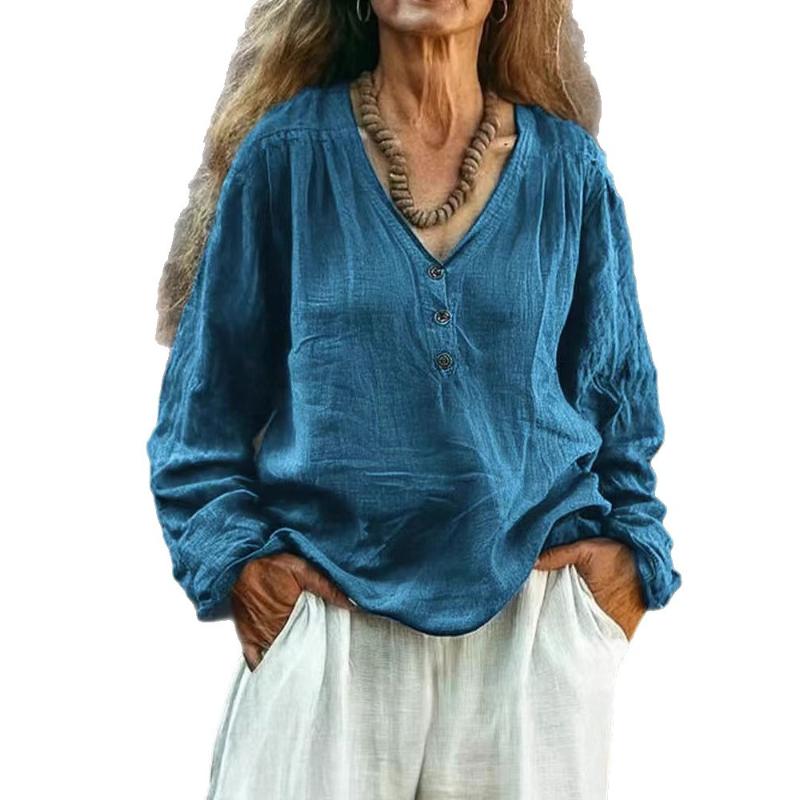 2025 New Women's Casual Long-sleeved V-neck Door Tube Regular Solid Color Multi-color Tops T-shirt