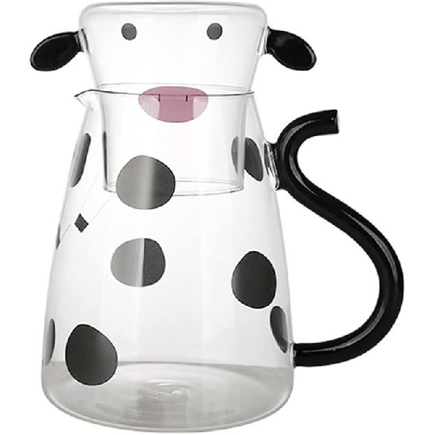 Cartoon Cow Clear Glass Bedside Night Water Carafe Set with Tumbler, Pitcher And Cup Night Set S
