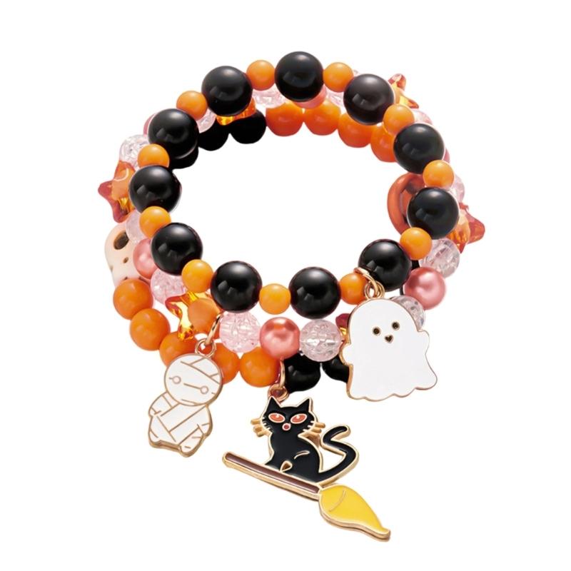 3Piece Halloween Charm Bracelet Spooky Pumpkin Specter Pendant Jewelry Adjustable Alloy Wristband Present for Kids Adults
