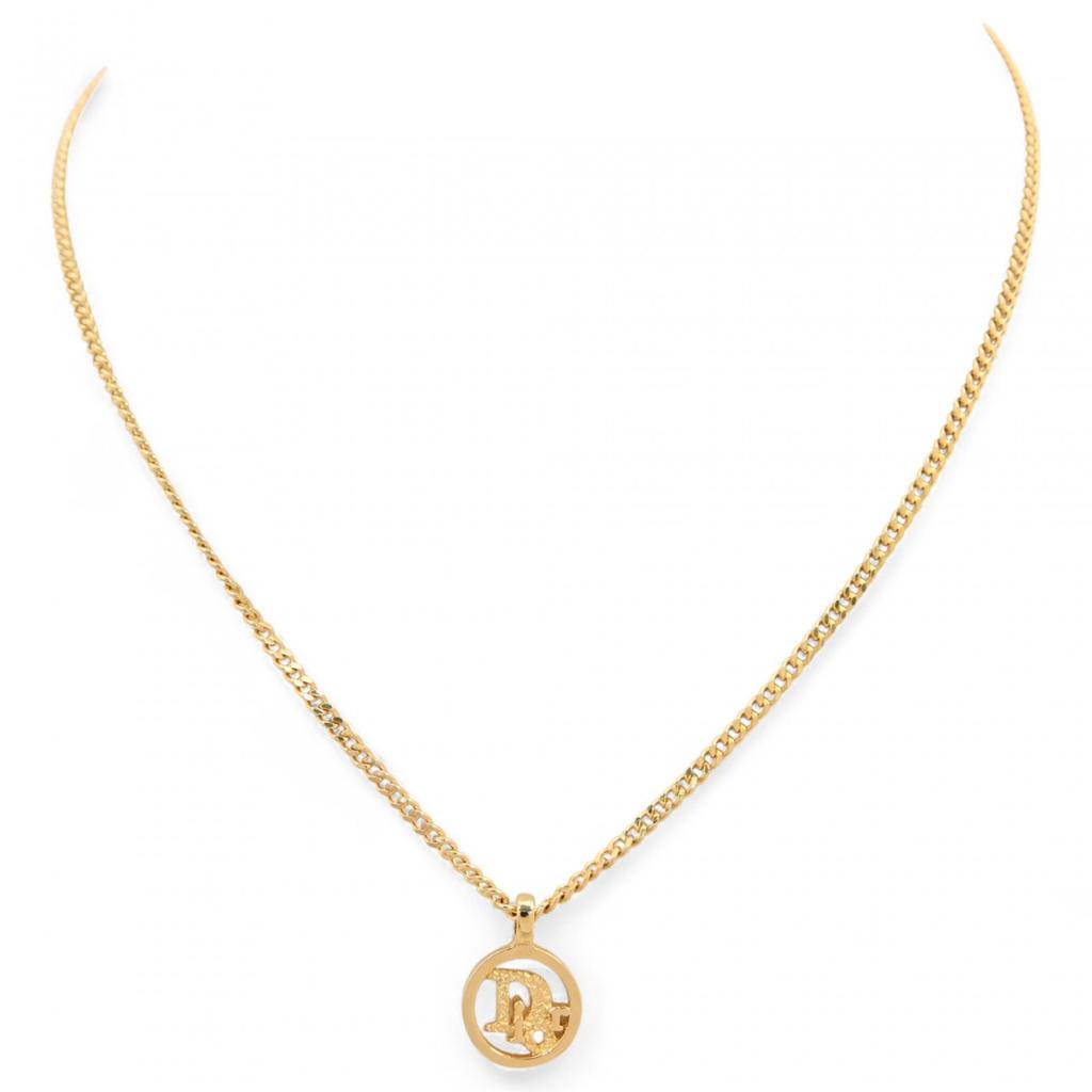 Auth DIOR Necklace Round Logo Gold Di6506bf