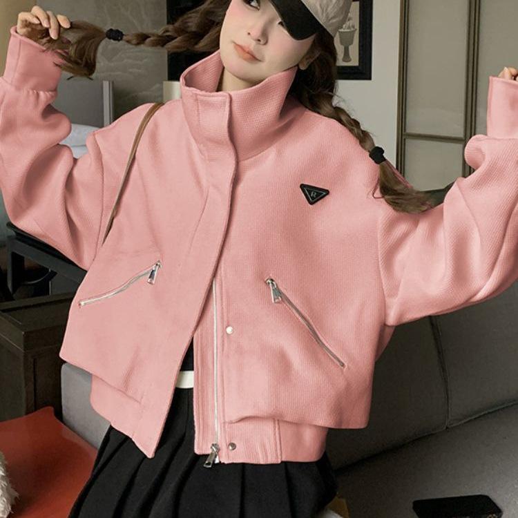 Plus Size Women's College Style Stand-Up Collar Autumn Jacket - Loose Fit, Niche Design