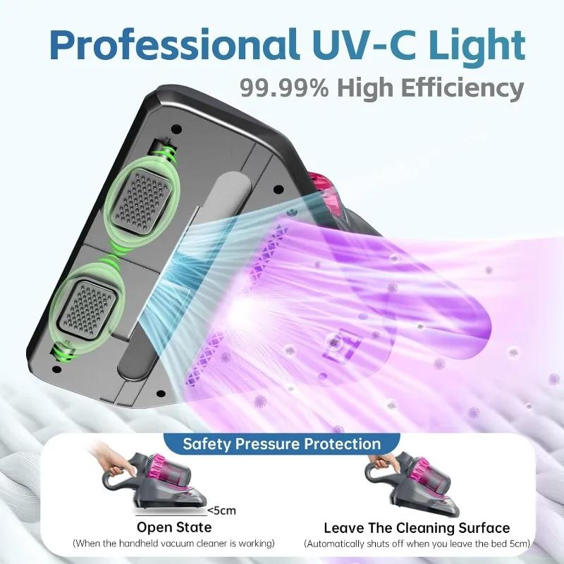 Mattress Vacuum Cleaner Cordless UV Light Bed Vacuum Cleaner 10Kpa Double Beat Low Noise 3 In 1 Handheld Vacuum for Mattress Bed