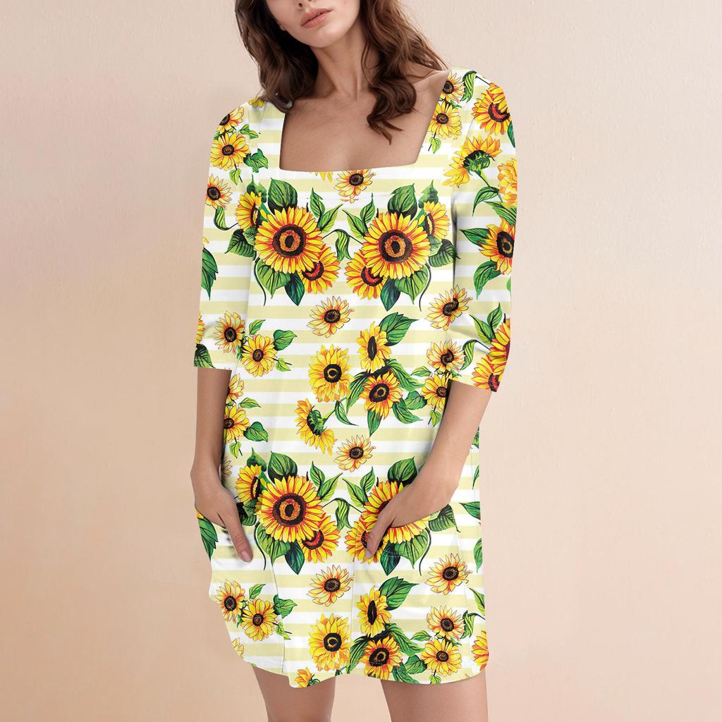 Women's Fashion Casual Print Square Neck 3/4 Sleeve Short Dress