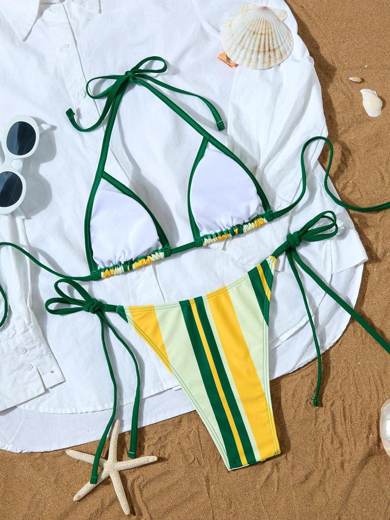 Gestreifter Print Krawatten-Dreieck Sexy geteilter Bikini Badeanzug für Damen