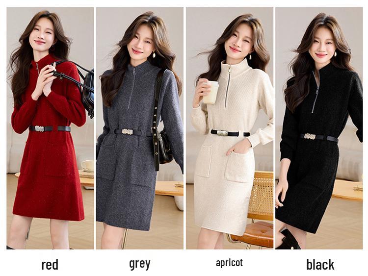 Korean Style Red Knit Zipper Dress for Women - Autumn/Winter 2025