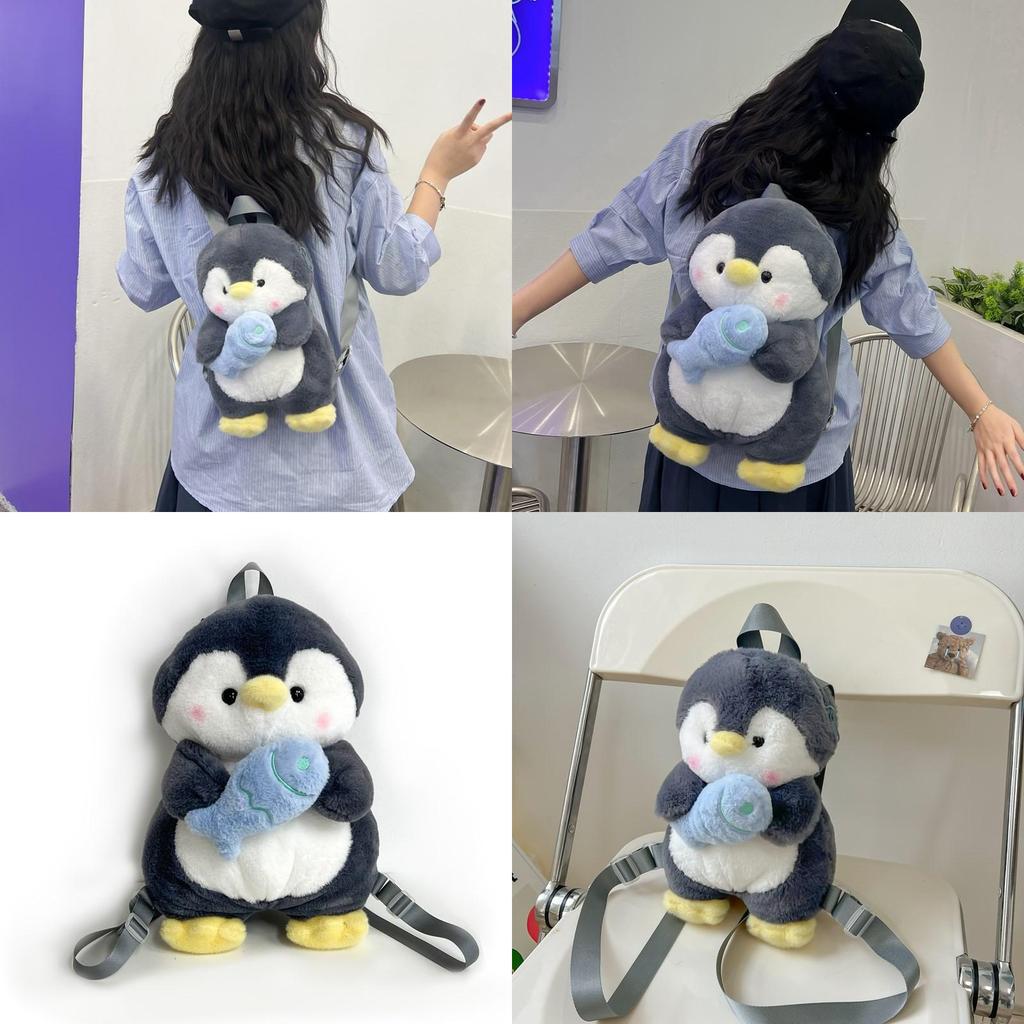 Cartoon Penguin Plush Backpack For Girls With Soft Faux Fur And Zip Closure