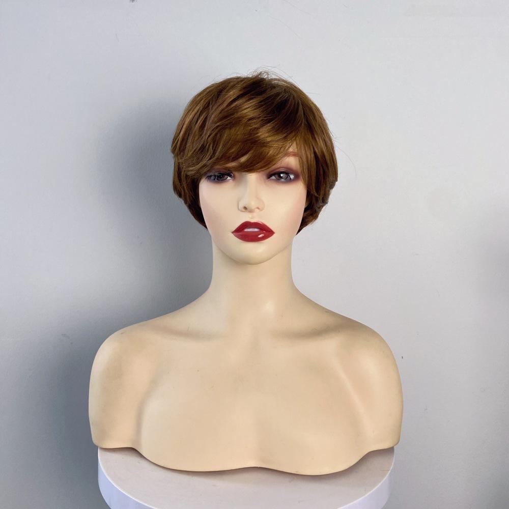 Women Stylish Short Layered Wave Hair Synthetic Golden Brown Wigs with Bangs for Daily Cosplay Lolita Heat Resistant Fibre