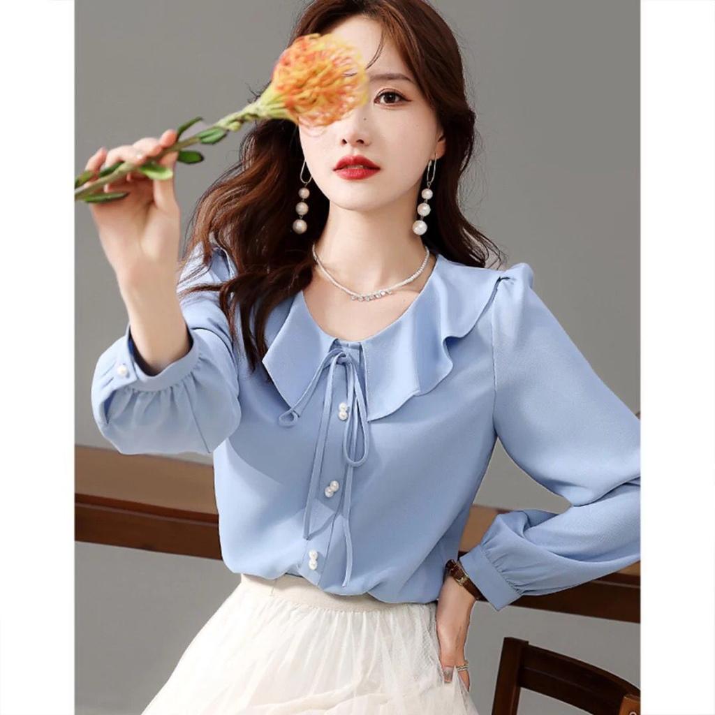 Spring New Casual Loose Korean Style Light-climbed Ruffle Chest Lace-up Shirt