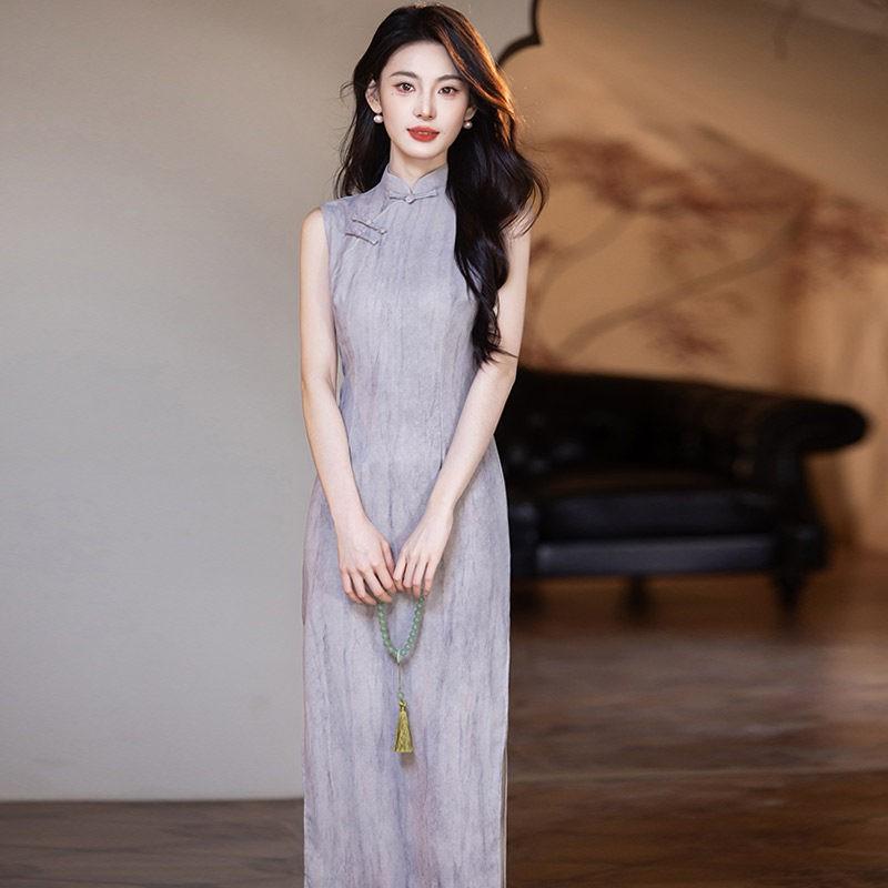 Purple Sleeveless Modern Chinese-Inspired Long Cheongsam Dress 2026 Womens Elegant Daily Wear Small