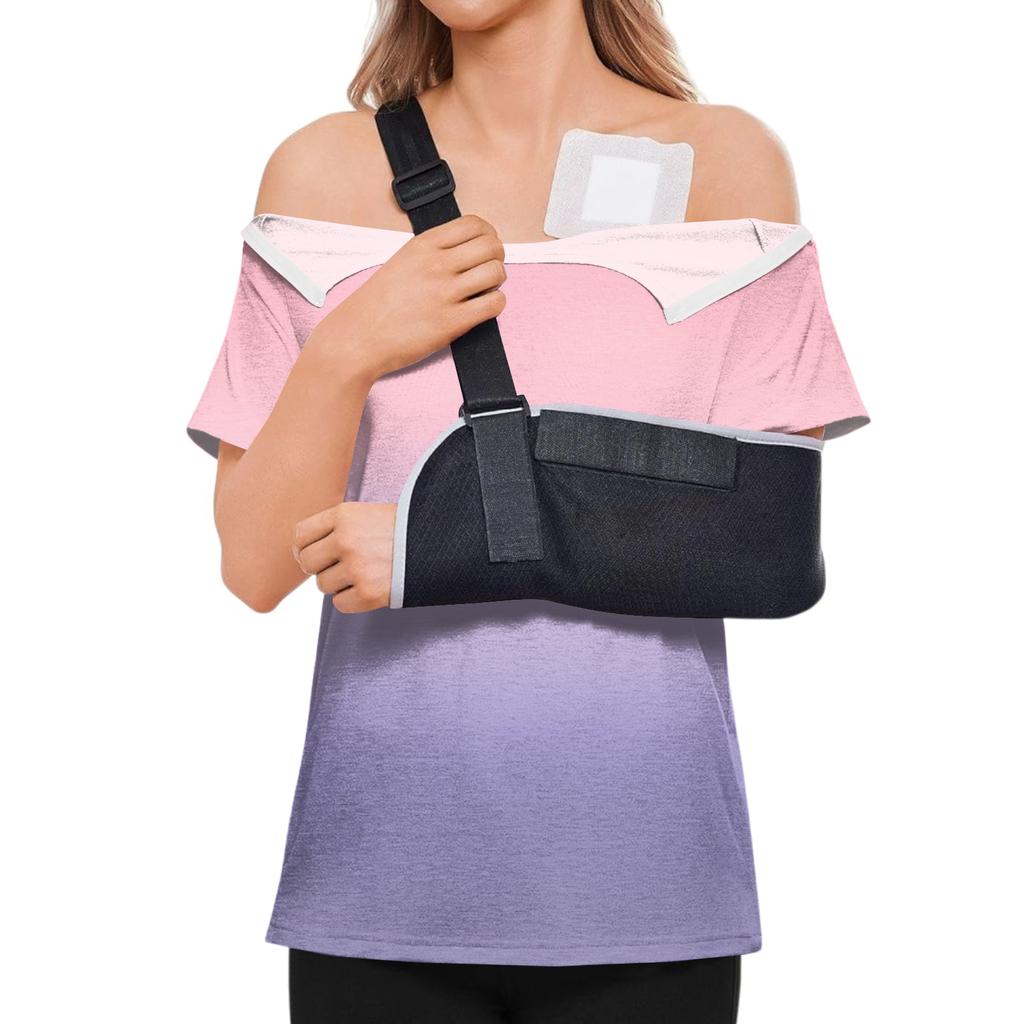 Women's Post-operative Short-sleeved Color Shirt With Shoulder Zipper And Side  Closure.