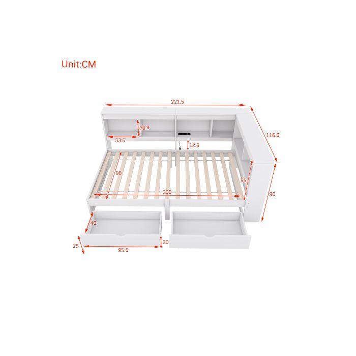 Canapé-lit - MUVOE - 90 x 200 cm - Blanc - 2 tiroirs - Ports USB intégrés