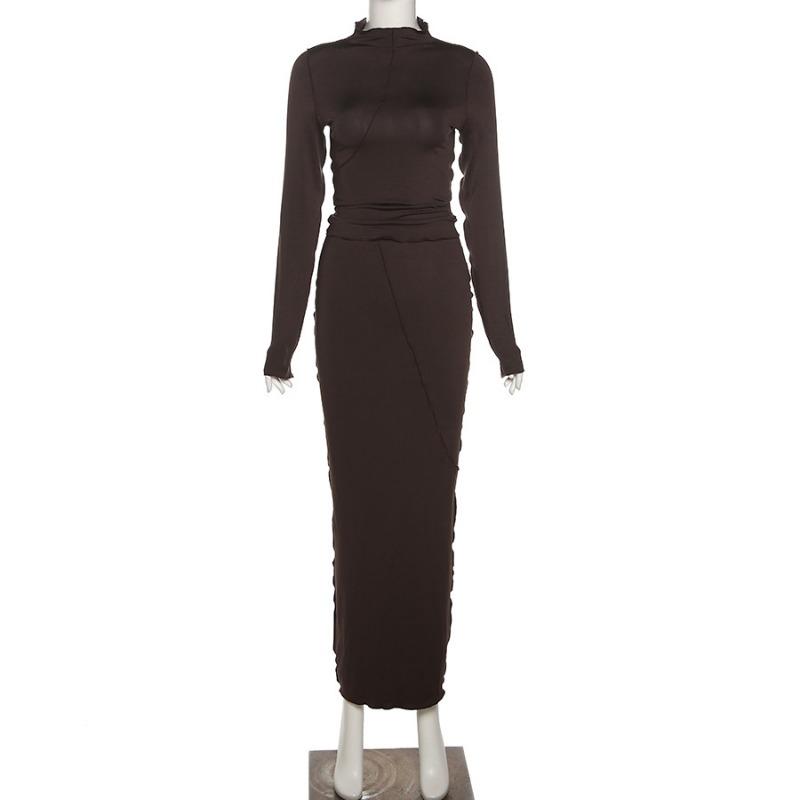 

Зимняя женская мода повседневная полувысокая горловина длинный рукав однотонная утягивающая полуюбка S темно-коричневого