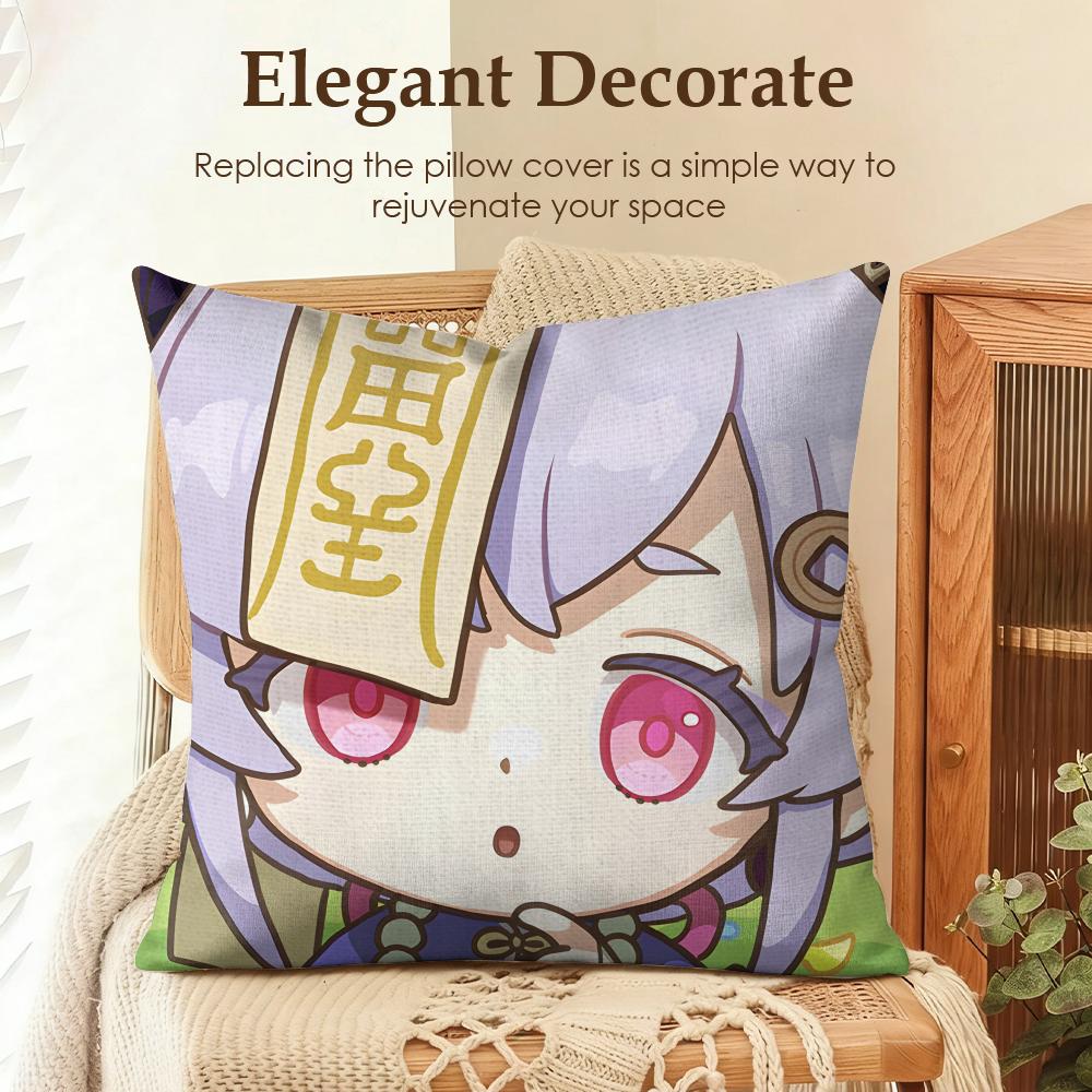 Qiqi Cute Genshin Impact Cushion Cover Natural Linen Organic Fabric DoubleSided Printing Sofa Home Decor Gift Pillow Case