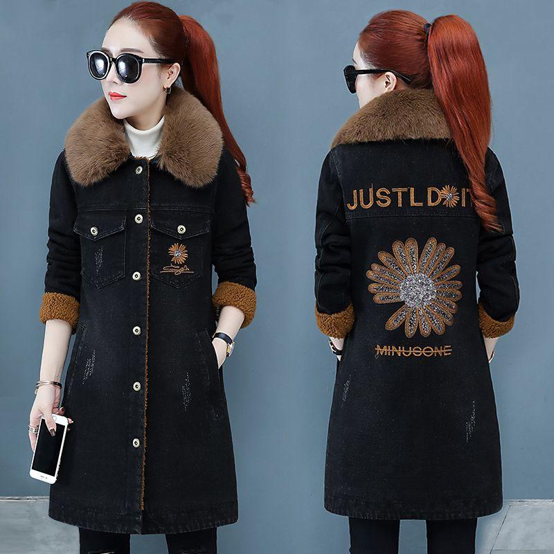 Winter Denim Jacket for Women Thick Lamb Wool Warm Coat Long Cotton Padded Parkas Casual Windbreaker Jean Outerwear