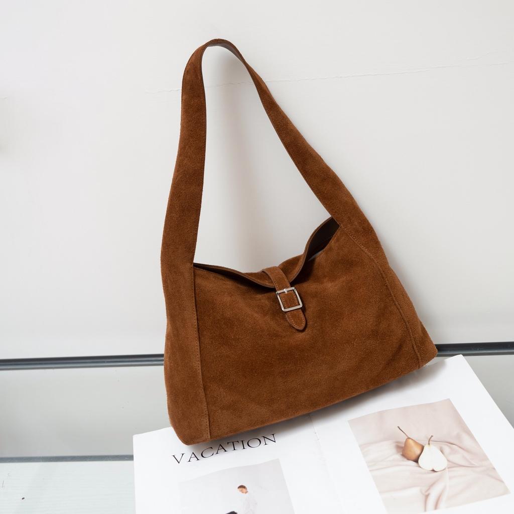 Genuine Grade Matte Suede Leather Women's Shoulder Brown Bag Luxury Designer Brand Coffe Female Underarm Bag Coffe Camel Daily