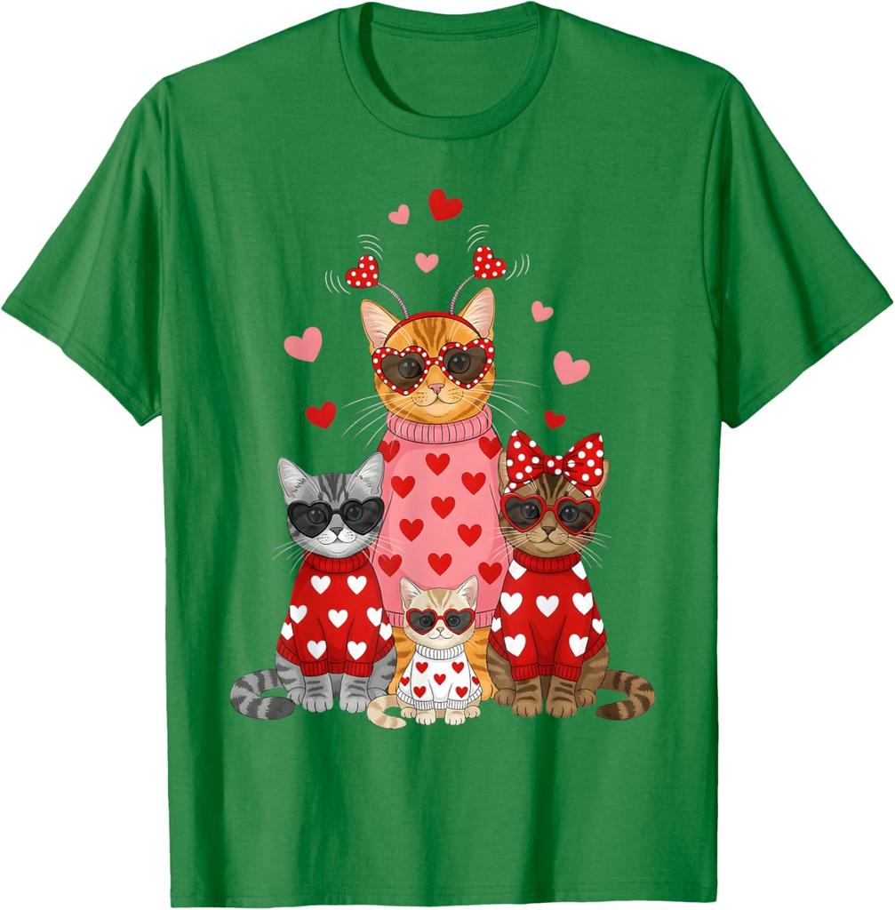 Lustiges Valentinstag Katzen Familie Grafik T-Shirt Niedliche Kätzchen Liebhaber Rundhals T-Shirt