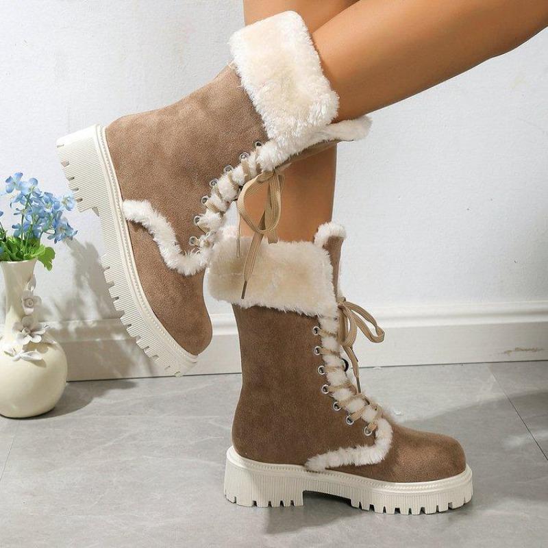 Damen Warme Faux Fur Fleece Gefütterte Faux Wildleder Klobiger Absatz Plateau Schlupfstiefel Schnürung Runde Zehenpartie Mid-Calf Winter Schneestiefel