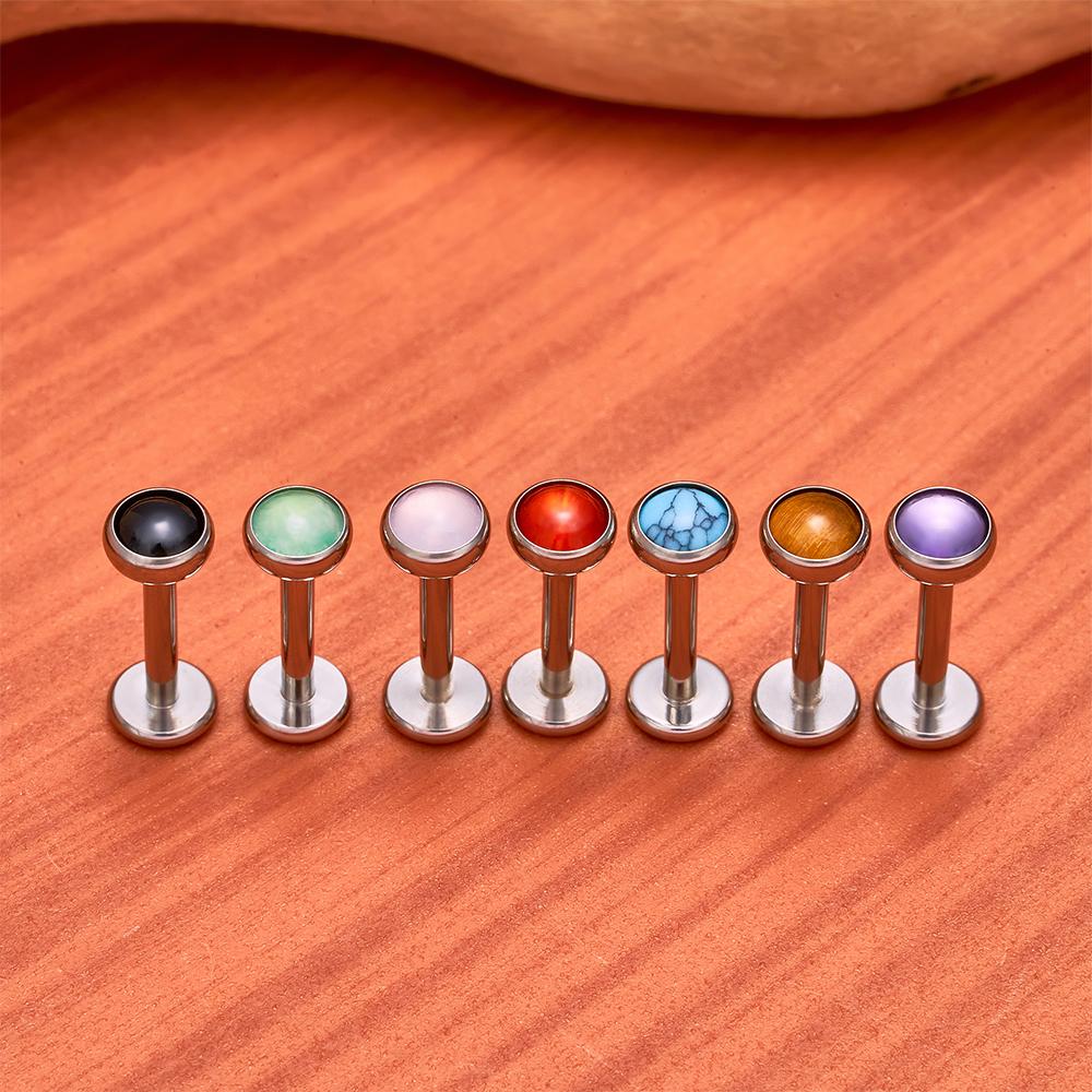 G23 Titanium Circular Needle Ear Lip Studs with Natural Stone Top Labret Tongue Nose Stud Earrings Body Piercing Jewelry