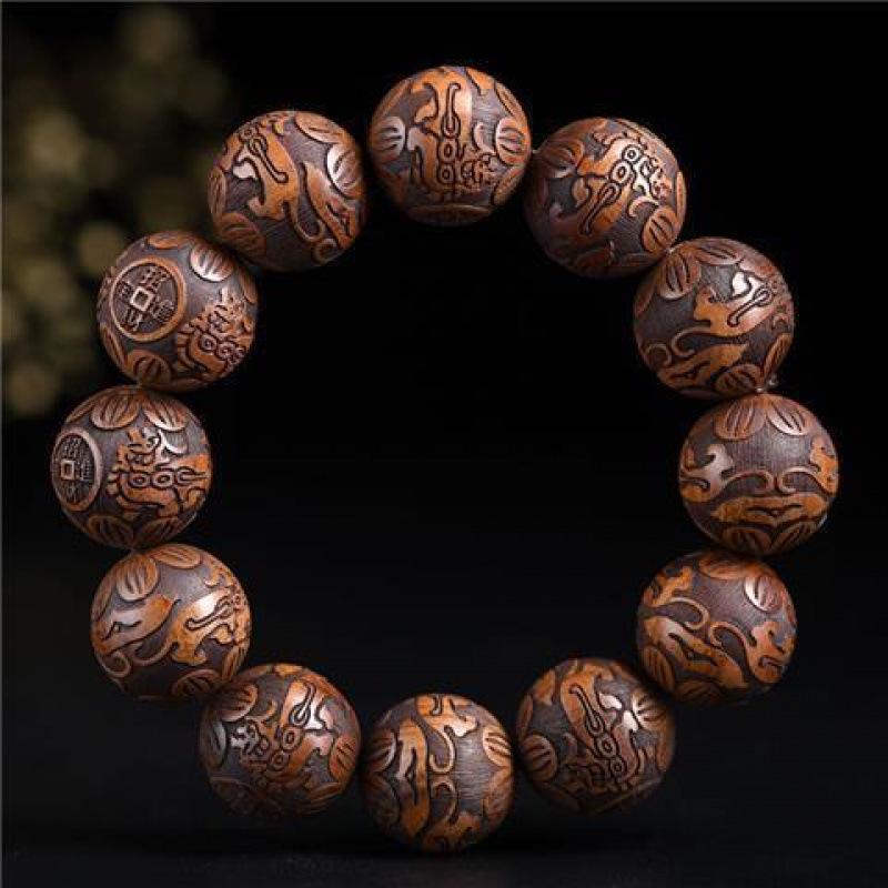 Yellow Rosewood Ethnic Style 12-Bead Bracelet: 20mm Finely Carved Plain Beads for Men and Women.