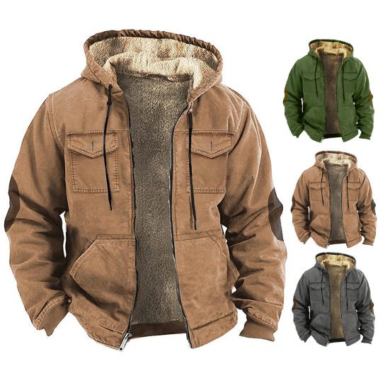 Men Thermal Jacket Hooded Drawstring Long Sleeve Solid Color Jacket with Pockets Zipper Closure