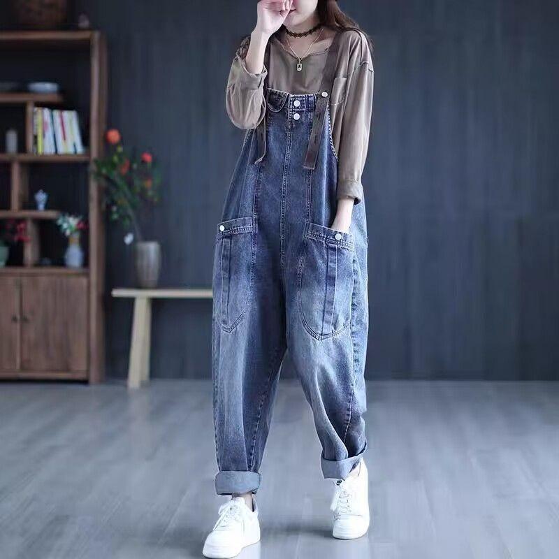 Korean Style Plus Size Women's Loose Denim Overalls - Slimming Harem Casual Jeans