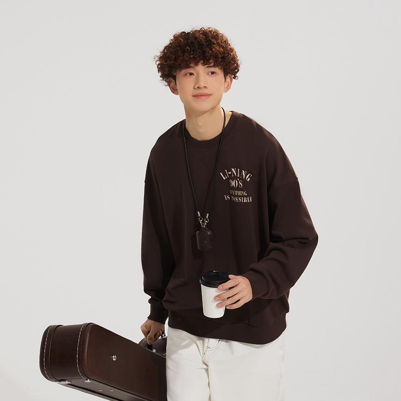 Li-Ning Weekend Youth Letter Print Round Neck Pullover Sweatshirt Unisex Sweatshirt Charcoal-Brown AWDU797-4