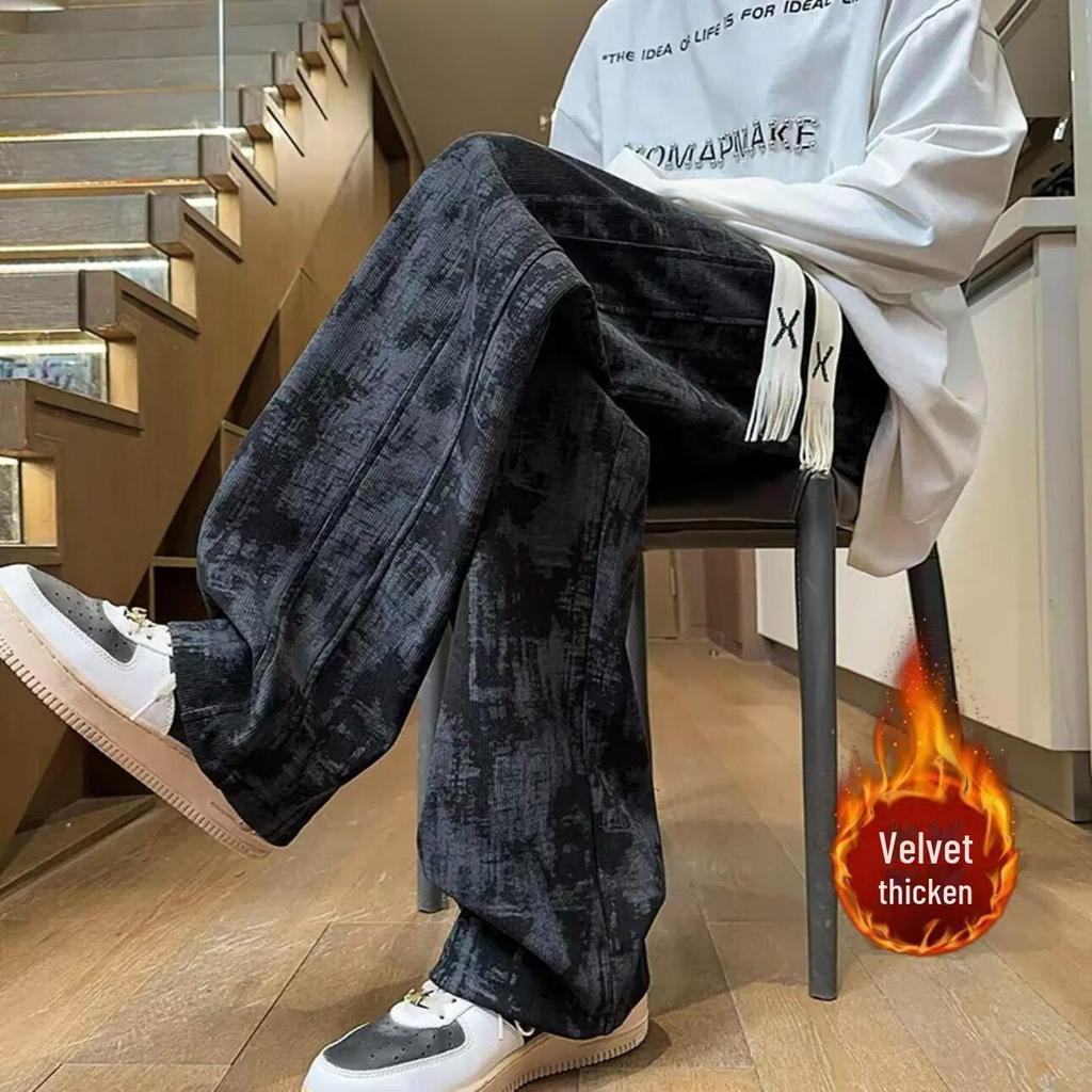 Men's Autumn Tie-Dye Loose-Fit Retro Straight Pants with Velvet