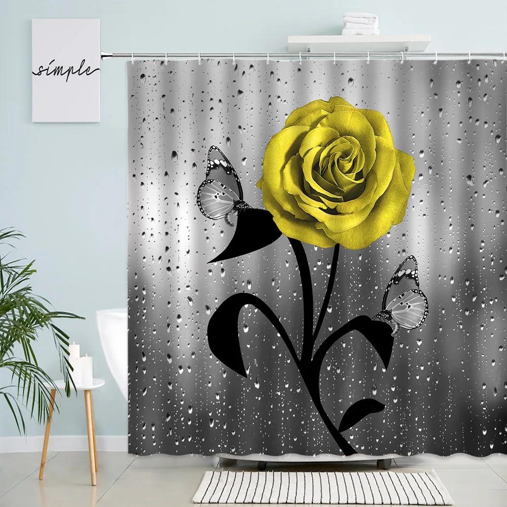 Butterfly Red Rose Shower Curtains Black Leaves Waterdrop Background Creative Nordic Woman Home Bathroom Decor Bath Curtain Set