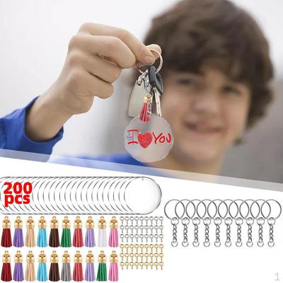 200 Keychain with Tassels Acrylic Circle Discs Key for DIY Craft