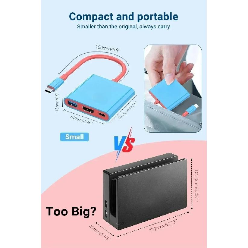 3 IN 1 Portable Nintendo Switch Docking Station TYPE-C To 4K HDTV Hub with HDMI and USB 3.0 for Steam Deck Phone IPad Laptop
