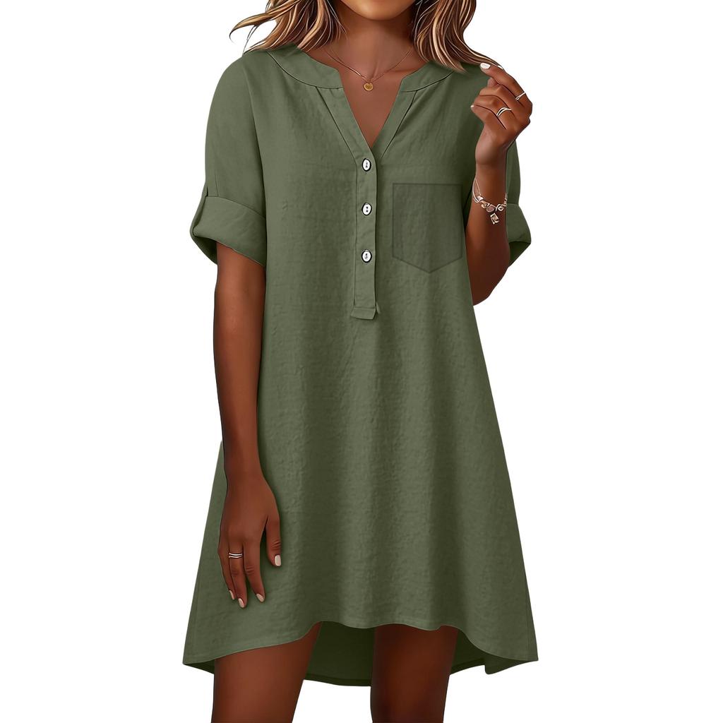 Linen Dress For Women Short Sleeve V Neck Button Down Sundress Spring Summer Loose Fit Vacation Cotton Tunic