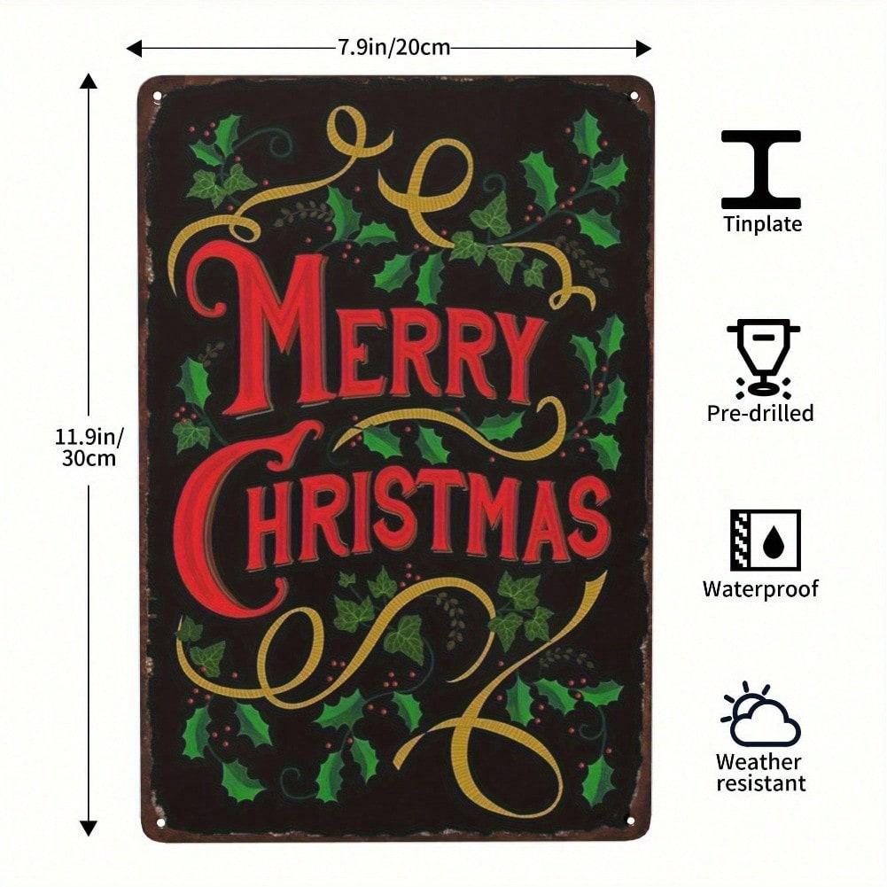 Vintage Christmas Metal Tin Sign Wall Art Country Style Holly Berry Pattern Holiday Home Decor