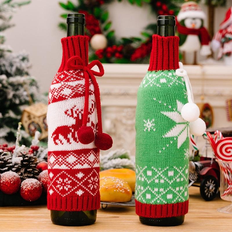 3Piece Festival Snowflake Knits Wine Bottle Sleeves Wine Bottle Cover For Christmas Celebration Festival Wine Dress