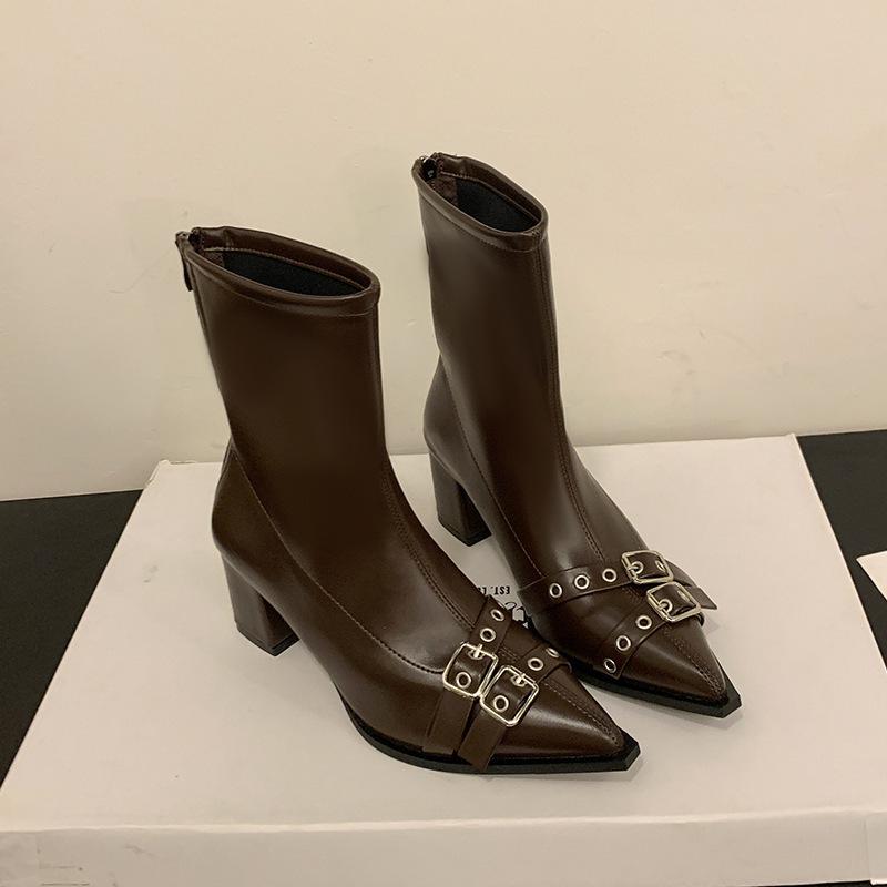 

Pointed thick heel short boots women s 2025 new retro belt buckle thin boots British Martin boots fashion boots black 40 коричневый