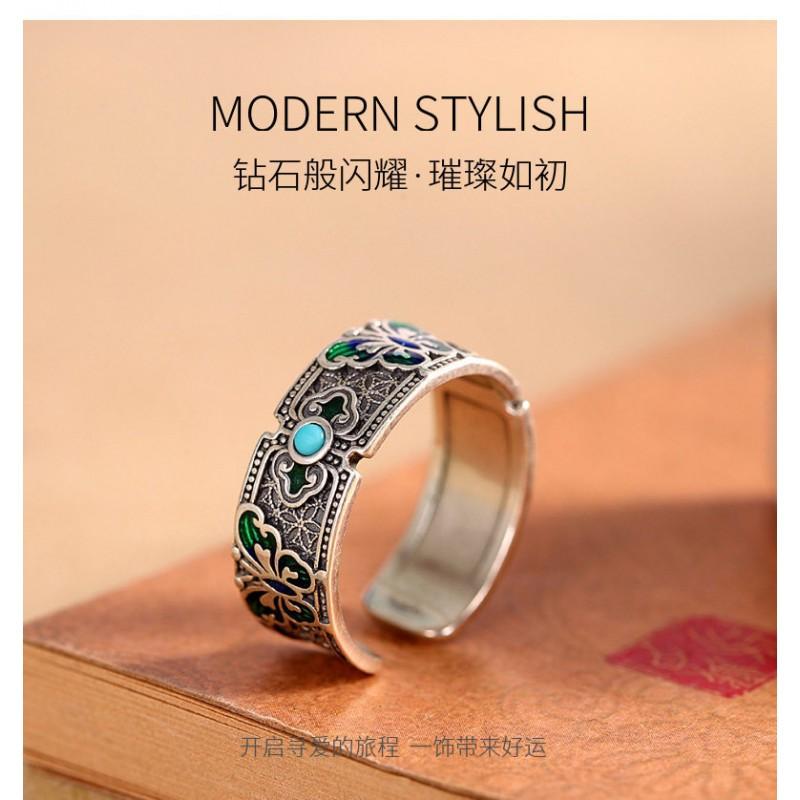 Adjustable Open Ring With Enamel Butterfly Natural Turquoise Stone Vintage Bohemian Style Copper Jewelry Women Men