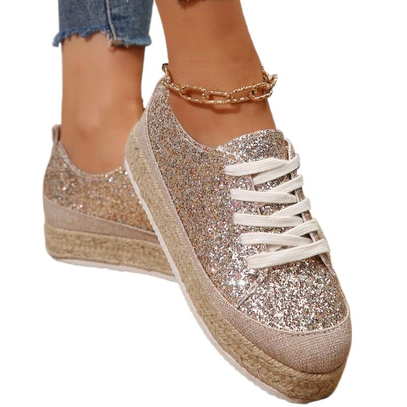 Ladies Shoes 2024 High Quality Lace Up Women's Vulcanize Shoes Autumn Round Toe Sequins Solid Platform Casual Plus Size Shoes