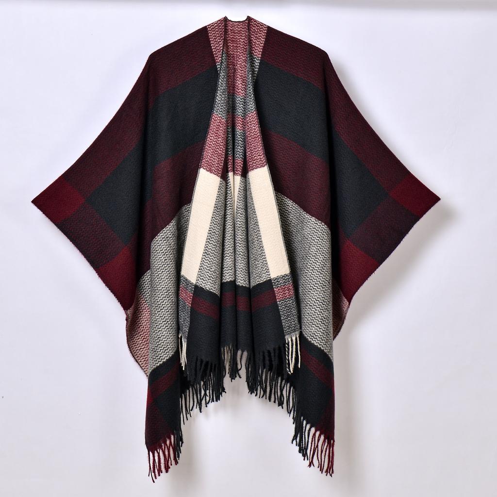Foreign Trade, New Tassel Split Shawl Autumn and Winter Women's Simple Plaid Jacquard Scarf Cape
