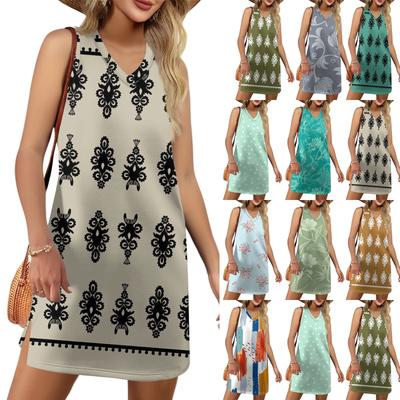 Dámske letné letné šaty s výstrihom do V, ležérne, bez rukávov, kvetinovou potlačou, na plážovú dovolenku