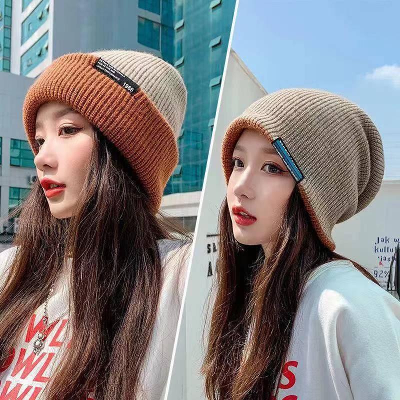 Hat Women's Winter Thickened Warm Knitted Hat Ear Protector Double Sided with Stacking Hat Wool Hat Men