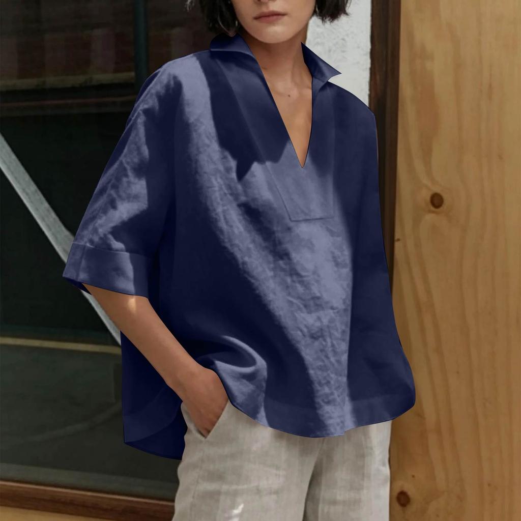 Women's Fashionable Casual Loose Fit Comfortable V Neck Shirt Versatile Three Quarter Sleeve Plus Size Top