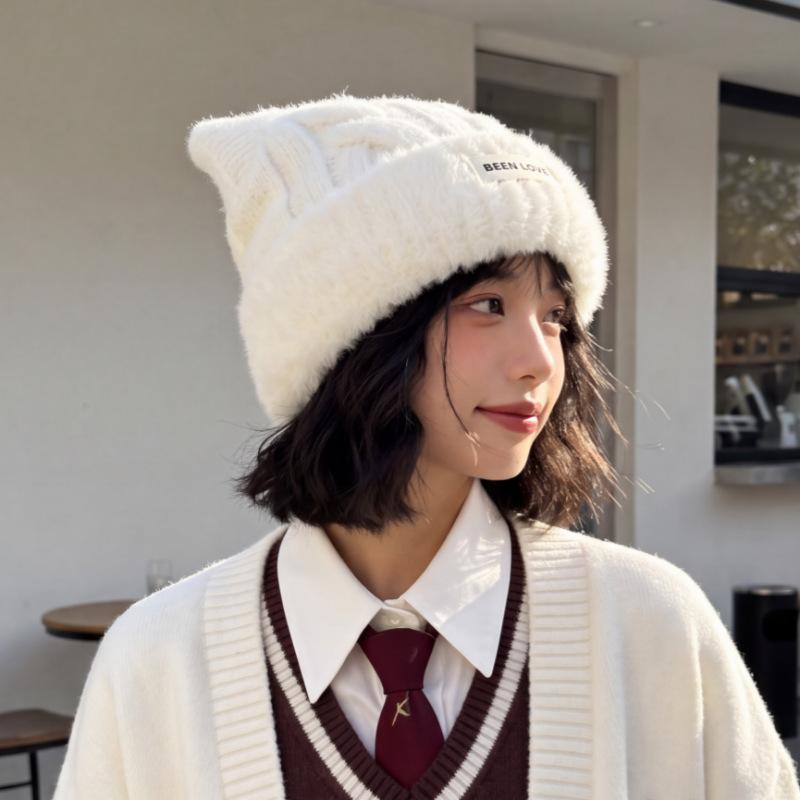 Autumn and winter new student versatile thickened warm wool hat female cute ears female plush edge pullover knitted hat