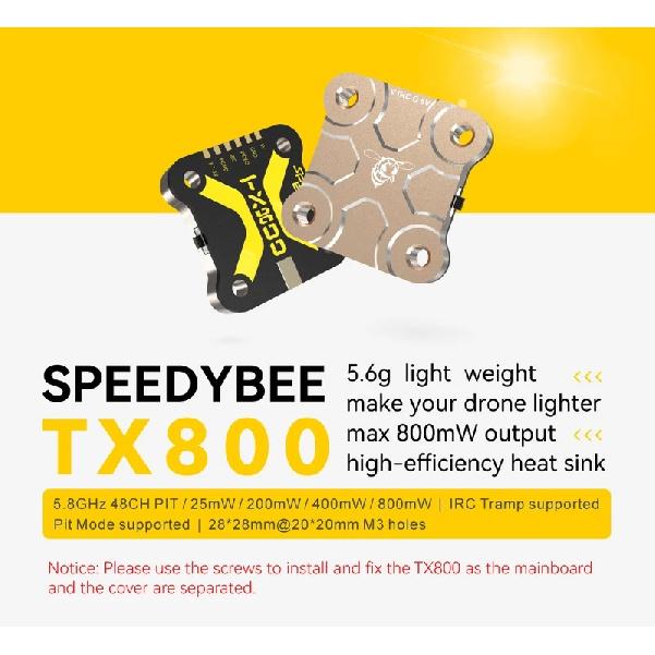 SpeedyBee TX800 5.8G VTX 48CH PitMode 25mW/200mW/400mW/800mW Output Long Range Transmitter with Antenna For RC FPV Racing Drone