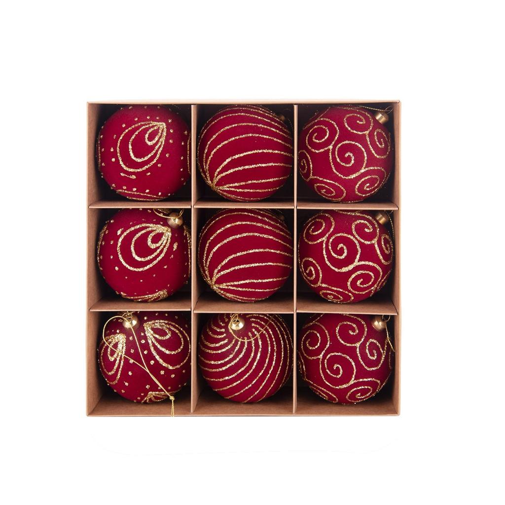 8cm bordeauxrote beflockte Weihnachtskugeln mit goldenem Glitzer-Muster, 24 Stück Geschenkbox-Set, 3 Muster Weihnachtsbaumschmuck